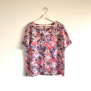 J. Crew Factory Pink / White Leaf Boxy Short Sleeve Top *measurements included